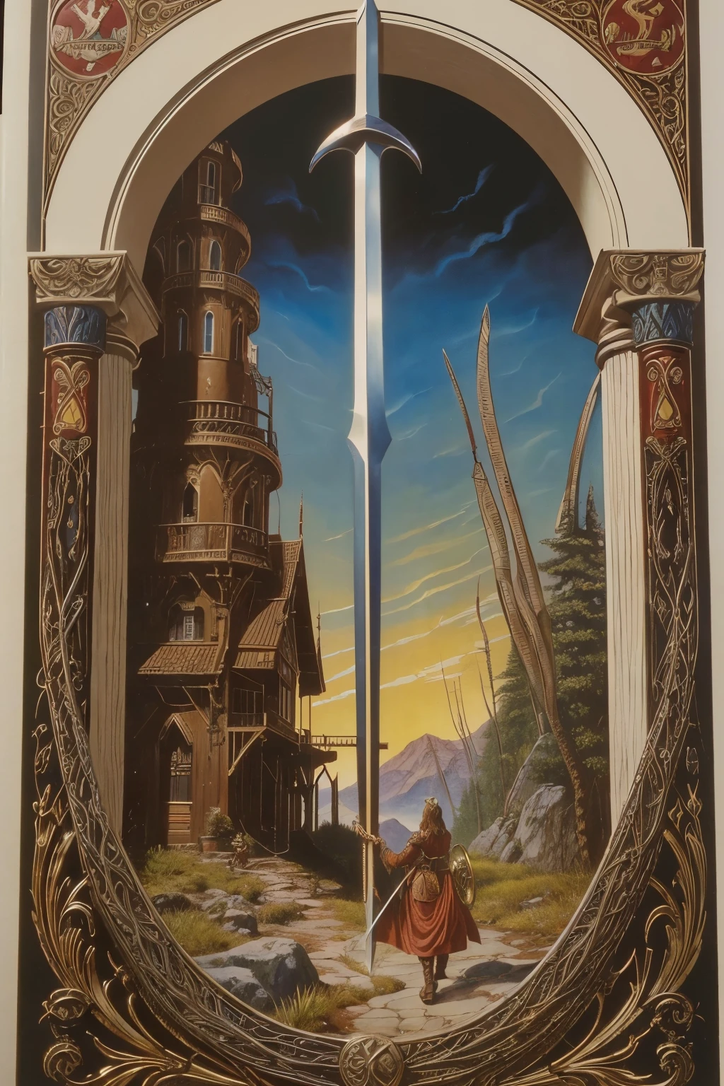 ((larry elmore style)), ((hand painted art)), ((D&D art)), ((old school sword & sorcery art)), ((detailed)), ((masterpiece)) an iron automaton made of cables, turbines and steam pipes holding a rusty old decrepit sword