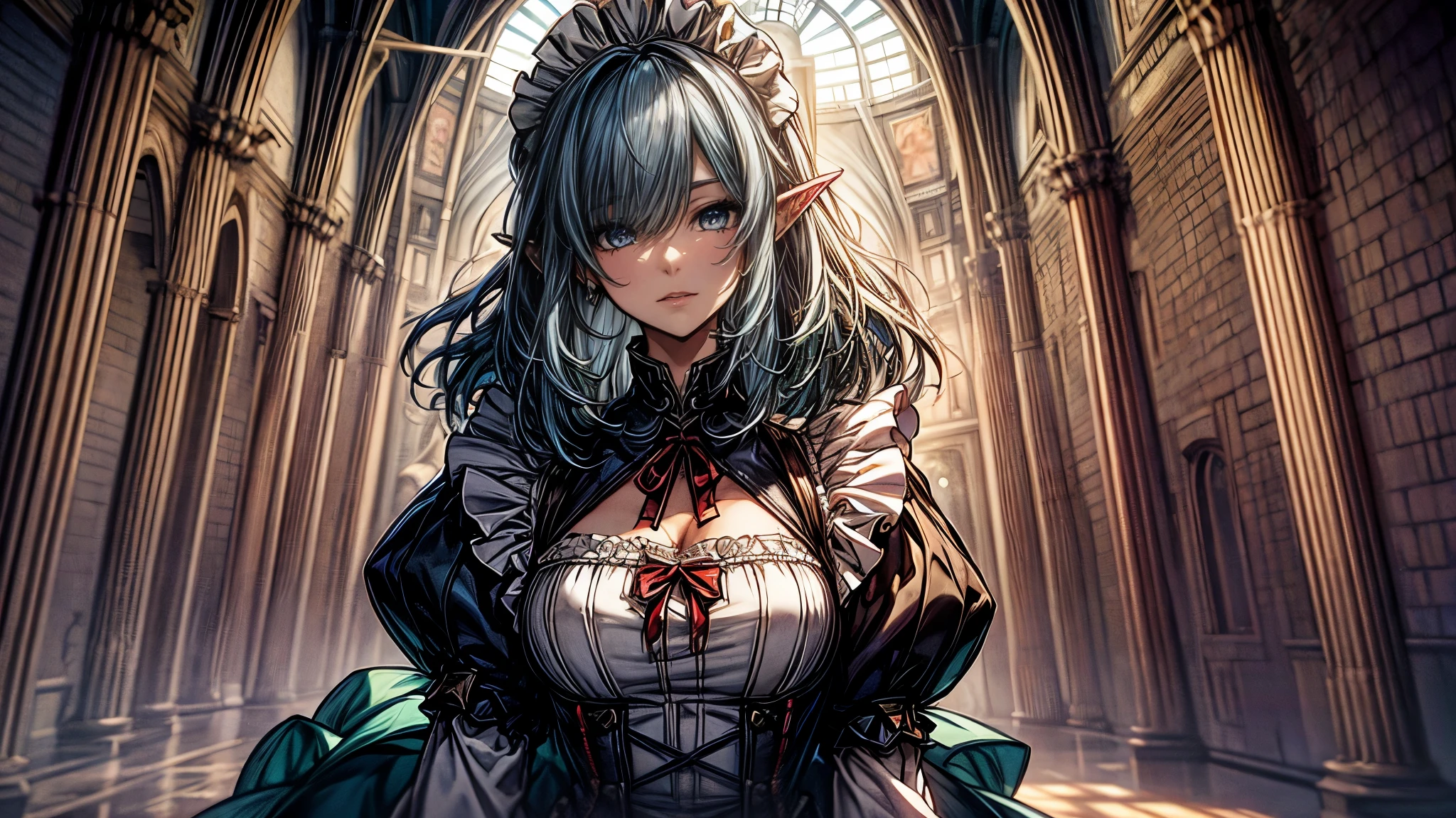 blue hair, medium hair, floating hair, big hair, eyeball, blue eyes, high detailed eyes, long pointy ears, anime, by Alfons Mucha, blending, masterpiece, accurate, textured skin, best quality, highres, super detail, 8k,elf, mature lady, maid, Maid outfit, frilly apron, (Rose Garden), red roses
