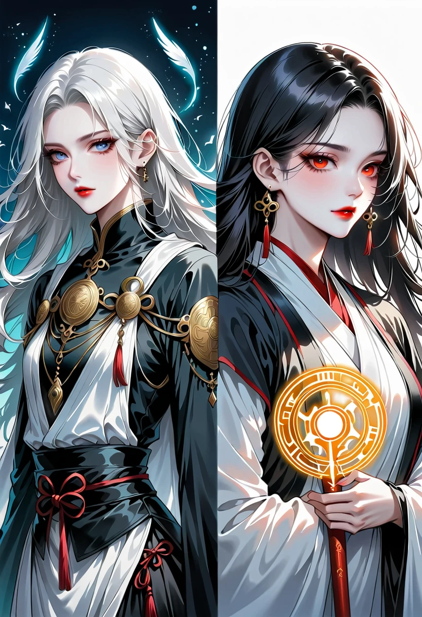 Beautiful angel holding a sword,Simple lines,Abstract Art,Holding a red long sword, (The artwork should transition from a black and white pencil style on the left half to bright colors on the right half, Ensure the two halves blend seamlessly,No dividing line. Detailed black and white pencil strokes are shown on the left,The fill color is shown on the right, Create a fusion of the entire image) Certainly! Here's a prompt to create images like the one you provided, featuring the characters Lisa and Zhan:
---
"Create a series of powerful and visually stunning images featuring two young characters in a magical mountain town in ancient China. The first character is Lisa, the daughter of Jian, who has long black hair and piercing eyes. She should be depicted wearing a mix of traditional monk robes and warrior attire, exuding confidence and strength while holding a small, glowing magical artifact. The second character is Zhan, a determined and skilled trainee monk with short black hair and sharp features. He should be dressed in traditional monk training clothes, looking focused and strong with a hint of mystery in his eyes. The scenes should include contrasting elements of light and dark, day and night, and calm and storm, to reflect the balance and synergy between Lisa and Zhan. The background should be a mystical, ancient mountain town with an ethereal atmosphere."
---Create a powerful and knowledgeable young girl named Lisa, daughter of Jian, in a magical mountain town in ancient China. She has long black hair, piercing eyes, and wears a mix of traditional monk robes and elements of warrior attire. She radiates confidence and strength, holding a small magical artifact."
