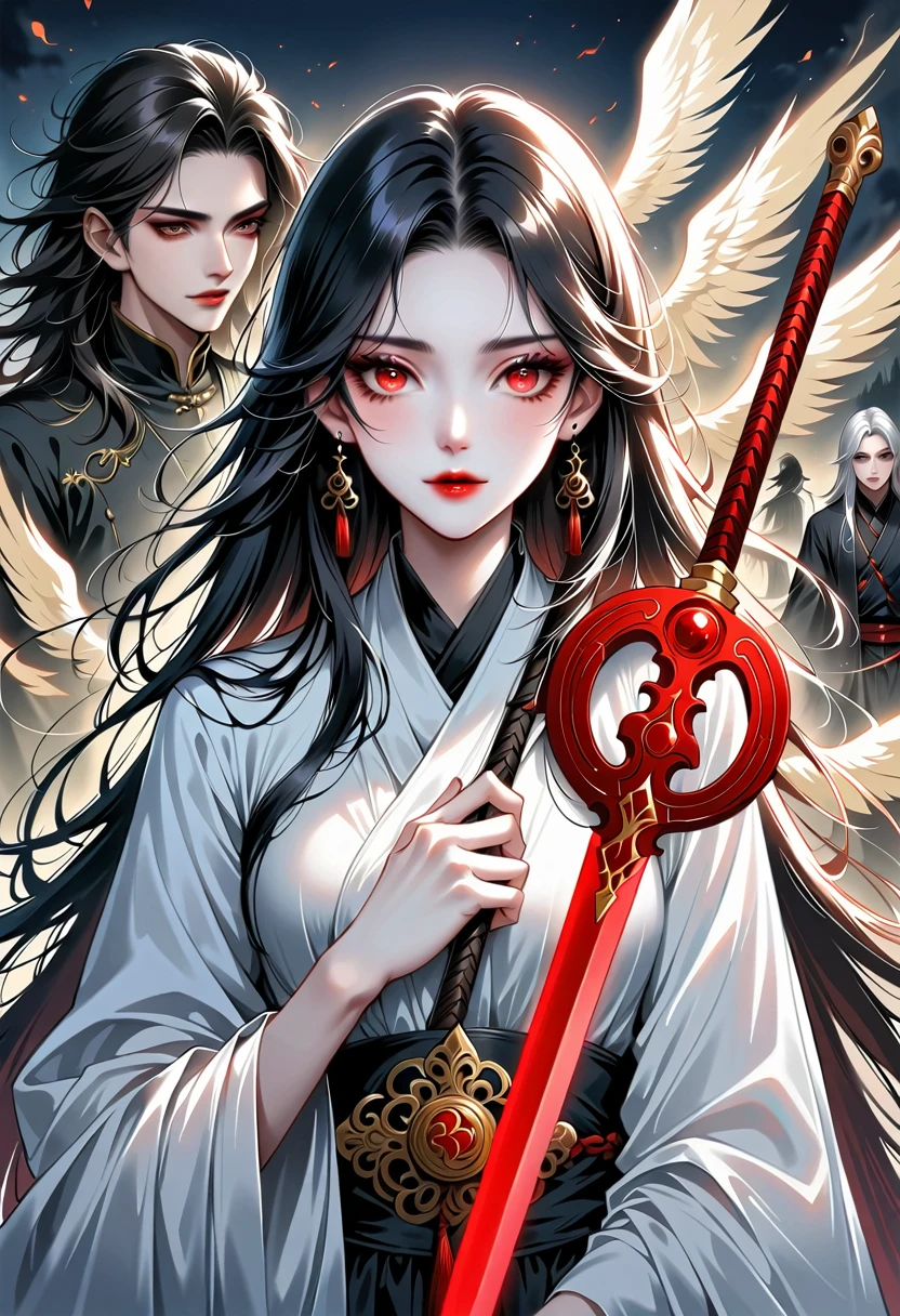 Beautiful angel holding a sword,Simple lines,Abstract Art,Holding a red long sword, (The artwork should transition from a black and white pencil style on the left half to bright colors on the right half, Ensure the two halves blend seamlessly,No dividing line. Detailed black and white pencil strokes are shown on the left,The fill color is shown on the right, Create a fusion of the entire image) Certainly! Here's a prompt to create images like the one you provided, featuring the characters Lisa and Zhan:
---
"Create a series of powerful and visually stunning images featuring two young characters in a magical mountain town in ancient China. The first character is Lisa, the daughter of Jian, who has long black hair and piercing eyes. She should be depicted wearing a mix of traditional monk robes and warrior attire, exuding confidence and strength while holding a small, glowing magical artifact. The second character is Zhan, a determined and skilled trainee monk with short black hair and sharp features. He should be dressed in traditional monk training clothes, looking focused and strong with a hint of mystery in his eyes. The scenes should include contrasting elements of light and dark, day and night, and calm and storm, to reflect the balance and synergy between Lisa and Zhan. The background should be a mystical, ancient mountain town with an ethereal atmosphere."
---Create a powerful and knowledgeable young girl named Lisa, daughter of Jian, in a magical mountain town in ancient China. She has long black hair, piercing eyes, and wears a mix of traditional monk robes and elements of warrior attire. She radiates confidence and strength, holding a small magical artifact."