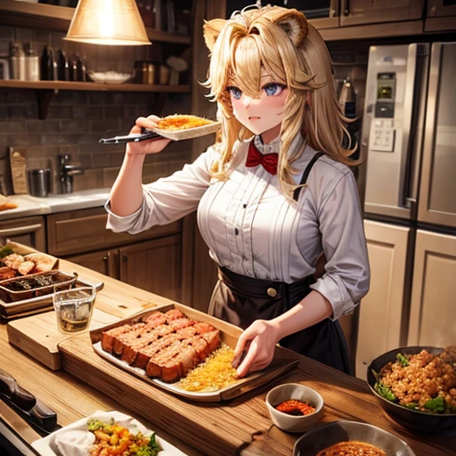 A beautiful blonde lion beastman is making pork loin cutlet There is a bowl of rice