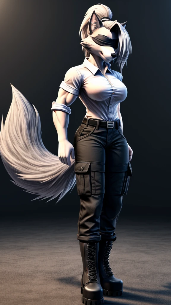 Loona from Helluva Boss, female wolf, anthro, mature adult, soft white short hair with ponytail, blindfolded, tall, muscular, massive woman, white shirt, black cargo pants, black boots, solo, beautiful, high quality, precise, full body, 4K