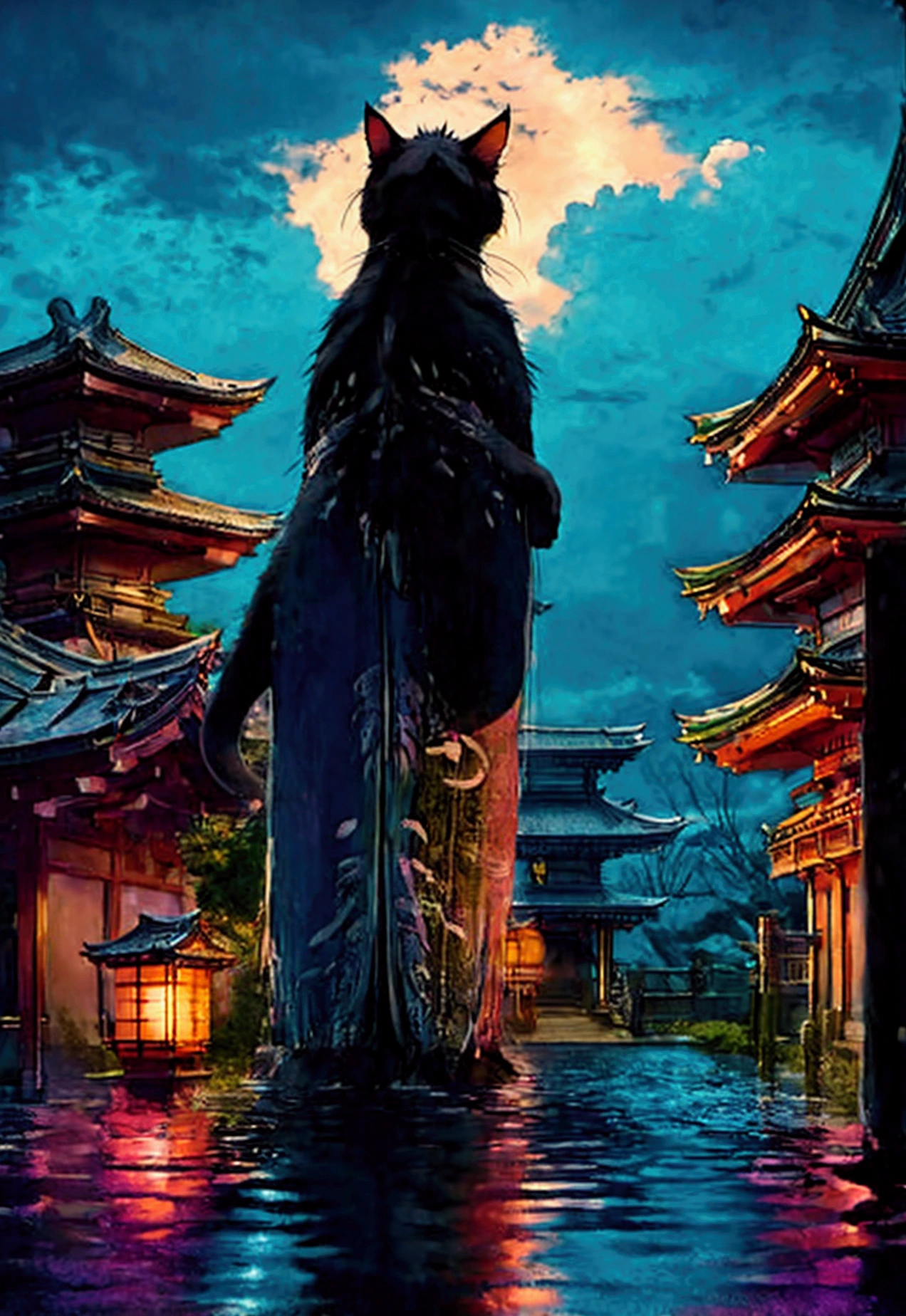 Cat in the back、black cat、huge pussy、Studio Ghibli style、Japanese style、Japan、A shrine in the background、Temple、Wet day、Highest quality、Ultra-fine、Cloudy、anime、Show your back、Giant cat
