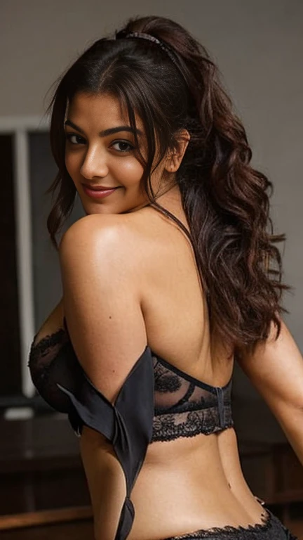 extreme close up photo of sexy indian dancin with wide open spread legs, curvy, hourglass figure, swooping breasts, deep cleavage, open arms, ass, look at viewer and subtle smile, sultry, black lace bra, ponytail, 38 yo, HD, 4k, ultra high quality, (cinematic:1.3), intricate details, (ArtStation:1.2)