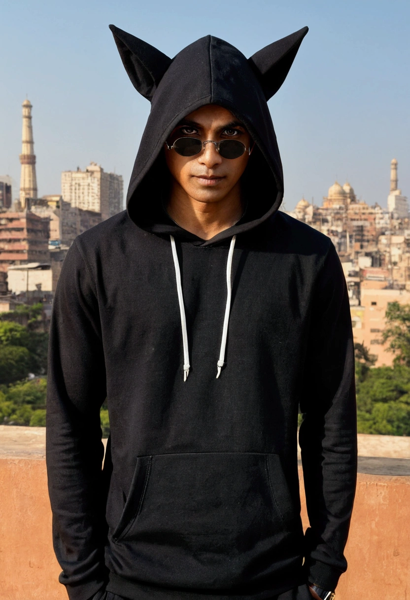 hioshiru, puro, anthro, male, solo, clothing, 2024, black clothing, hoodie, black topwear, lidded eyes, black hoodie, indian city background,