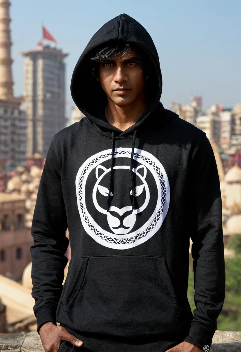 hioshiru, puro, anthro, male, solo, clothing, 2024, black clothing, hoodie, black topwear, lidded eyes, black hoodie, indian city background,