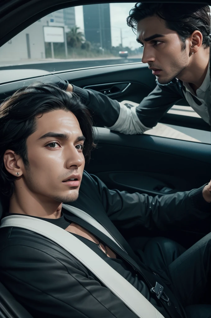Crie uma thumbnail para o youtube, where a driver appears driving, and next to him is death, talking close to his ear, and on the dashboard of the car there is a cell phone hanging.