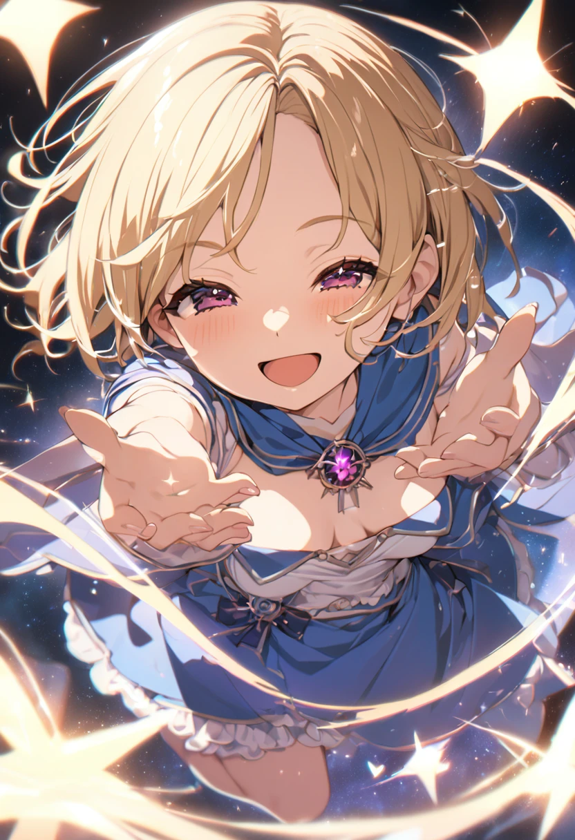 (Masterpiece:1.2), (Best Quality:1.2), Perfect lighting, The dark magician girl (Casting Spells: 1.3), in her 20floating in the air: 1.3), Visible medium breasts, transparent neckline,  SMILE, smiling,laughing. From above, sparkles, (Hands with magical effects: 1.4 )Magic in your hands, Background to the apocalypse、a blonde、Magic at your fingertips