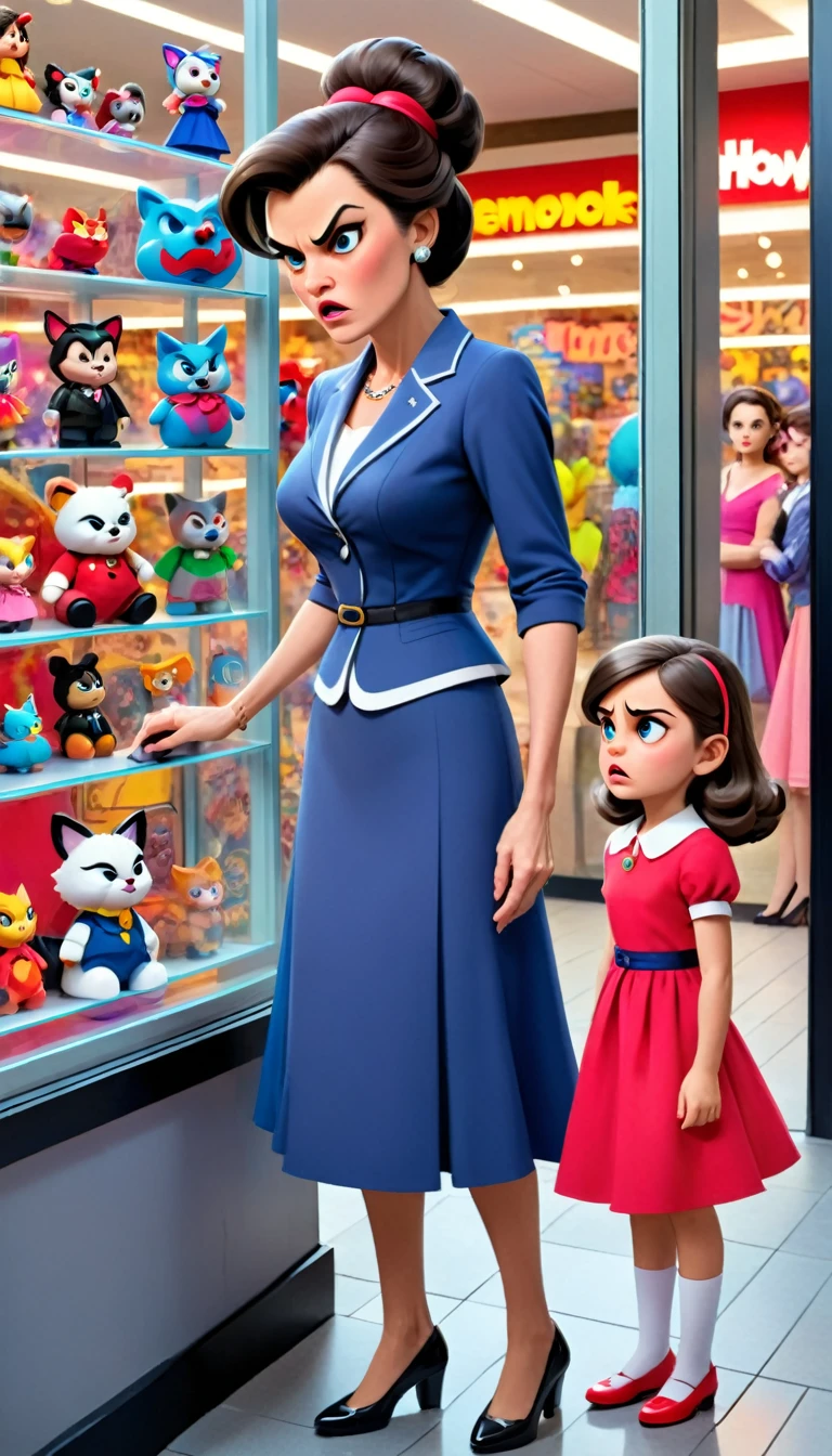 a 50 year old lady, elegant and well dressed and a 10 year old girl, angry, evil, American style,looking at a toy store window