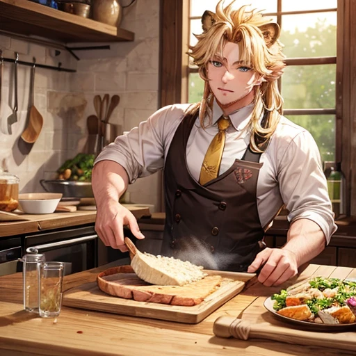 A beautiful blonde lion beastman is making pork loin cutlet　There is a bowl of rice