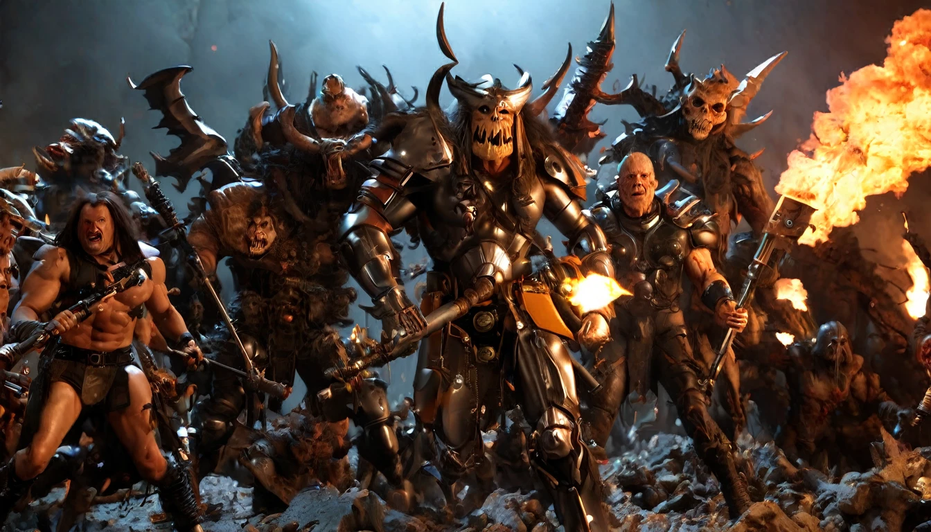 (3D rendering:3.1) in (medium full shot:3.1) of lot of characters from (metal hurlant magazine:3.1), inspired by style of Simon Bisley and style of Ed Binkley art, barbarian warriors in battles against space creatures, monsters, daemons, aliens, mutant, with explosions, smoke and fire (with Creepy, Sci-Fi, Fantasy and Horror:2.9), directed by Ridley Scott (Cinematic:3.1), horror movie, horrified, terrified, insane, disgusting, disturbing, Impactful, cgsociety, hyper-detailed, digital illusions, cyberspace, photorealistic, arts visuals. Ultra detailed, RAW photo, artstation style, concept art, (masterpiece:2.9), 8k, realistic textures, (3D rendering:3.1)