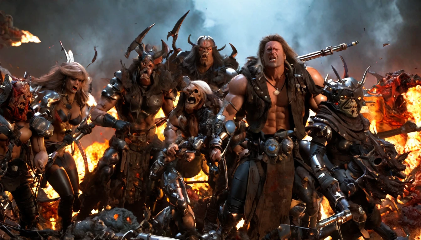 (3D rendering:3.1) in (medium full shot:3.1) of lot of characters from (metal hurlant magazine:3.1), inspired by style of Simon Bisley and style of Ed Binkley art, barbarian warriors in battles against space creatures, monsters, daemons, aliens, mutant, with explosions, smoke and fire (with Creepy, Sci-Fi, Fantasy and Horror:2.9), directed by Ridley Scott (Cinematic:3.1), horror movie, horrified, terrified, insane, disgusting, disturbing, Impactful, cgsociety, hyper-detailed, digital illusions, cyberspace, photorealistic, arts visuals. Ultra detailed, RAW photo, artstation style, concept art, (masterpiece:2.9), 8k, realistic textures, (3D rendering:3.1)