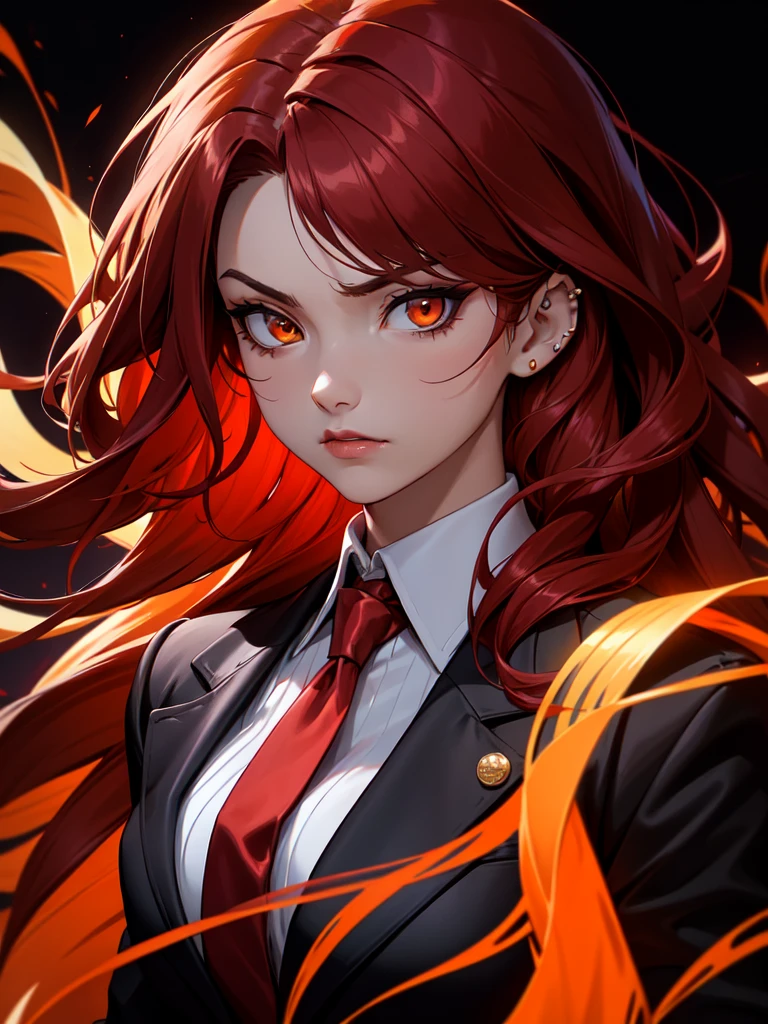 (((Portrait Photo))), She has a Fierce, Determined Appearance of a 17-Year-Old, with a Slim yet Strong Build, Exuding Confidence and Power. Her Long, Flowing Red Hair, Styled in Loose Waves, Cascades Down Her Back, Framing Her Face with Intense Energy. Her Piercing Orange Eyes, Glowing Like Embers, Radiate a Resolute and Commanding Presence. She is Wearing in a Sharp, Black Blazer with Gold Trim, Paired with a White Shirt and a Red Tie, Giving Her a Formal yet Powerful Look. (((High Quality, Dark Background))), (((Portrait Photo)))