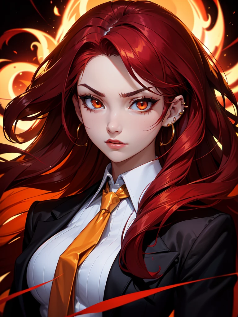 (((Portrait Photo))), She has a Fierce, Determined Appearance of a 17-Year-Old, with a Slim yet Strong Build, Exuding Confidence and Power. Her Long, Flowing Red Hair, Styled in Loose Waves, Cascades Down Her Back, Framing Her Face with Intense Energy. Her Piercing Orange Eyes, Glowing Like Embers, Radiate a Resolute and Commanding Presence. She is Wearing in a Sharp, Black Blazer with Gold Trim, Paired with a White Shirt and a Red Tie, Giving Her a Formal yet Powerful Look. (((High Quality, Dark Background))), (((Portrait Photo)))