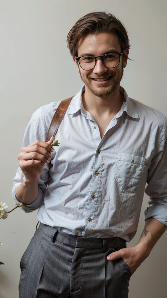 hipster man, wearing shirt and trousers, giving flower to the viewer, smile