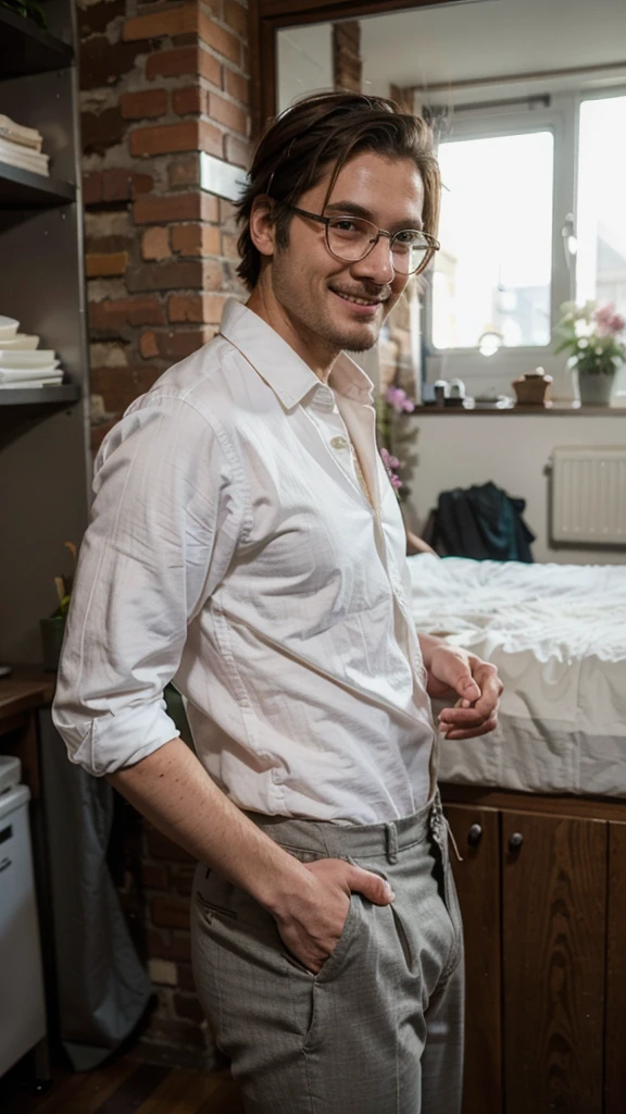 hipster man, wearing shirt and trousers, giving flower to the viewer, smile