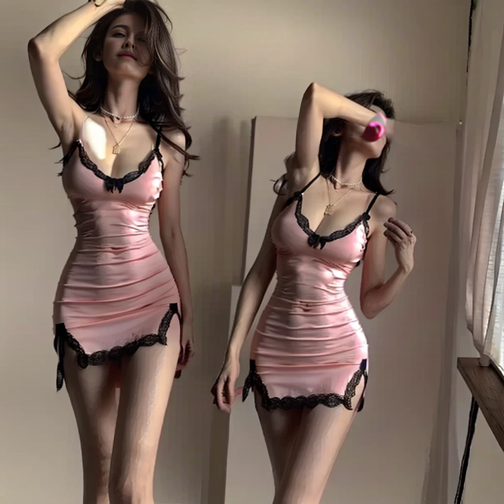 ((Bigchest,Tomboyish,small heads)), (Well-defined abs: 1.4), (perfect bodies: 1.1), (Long messy hair: 1.2), Black hair, fully body photo,（Extremely detailed CG 8k wallpaper），（Extremely refined and beautiful），（tmasterpiece），（best qualtiy：1.0），（Ultra-high resolution：1.0），beautiful light up，Perfect lightning，realistic shaded，[A high resolution]，Smooth and flawless fair skin，ultra - detailed ，Elongated legs，Bigchest，Slim，emaciated，Standing on the beach by the sea，open air，summertime，in the afternoon，Pink draped lace maxi dress，clavicle, medium breasts 