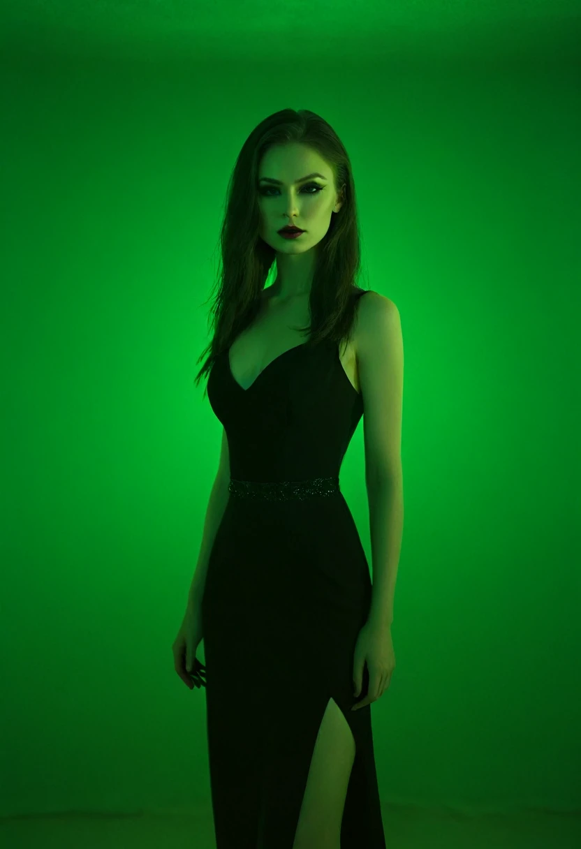 black dress, dress, 1girl, solo, masterpiece, upper body, A beautiful evil slavic woman, pale skin, long hair, full body, cinematic, high quality, realistic, simple background), (black high heels:0.7), (black high heels:0.7), highres, intricate detail, cinematic lighting, amazing quality, amazing shading, soft lighting, indoors, neon noir, green neon, green reflections