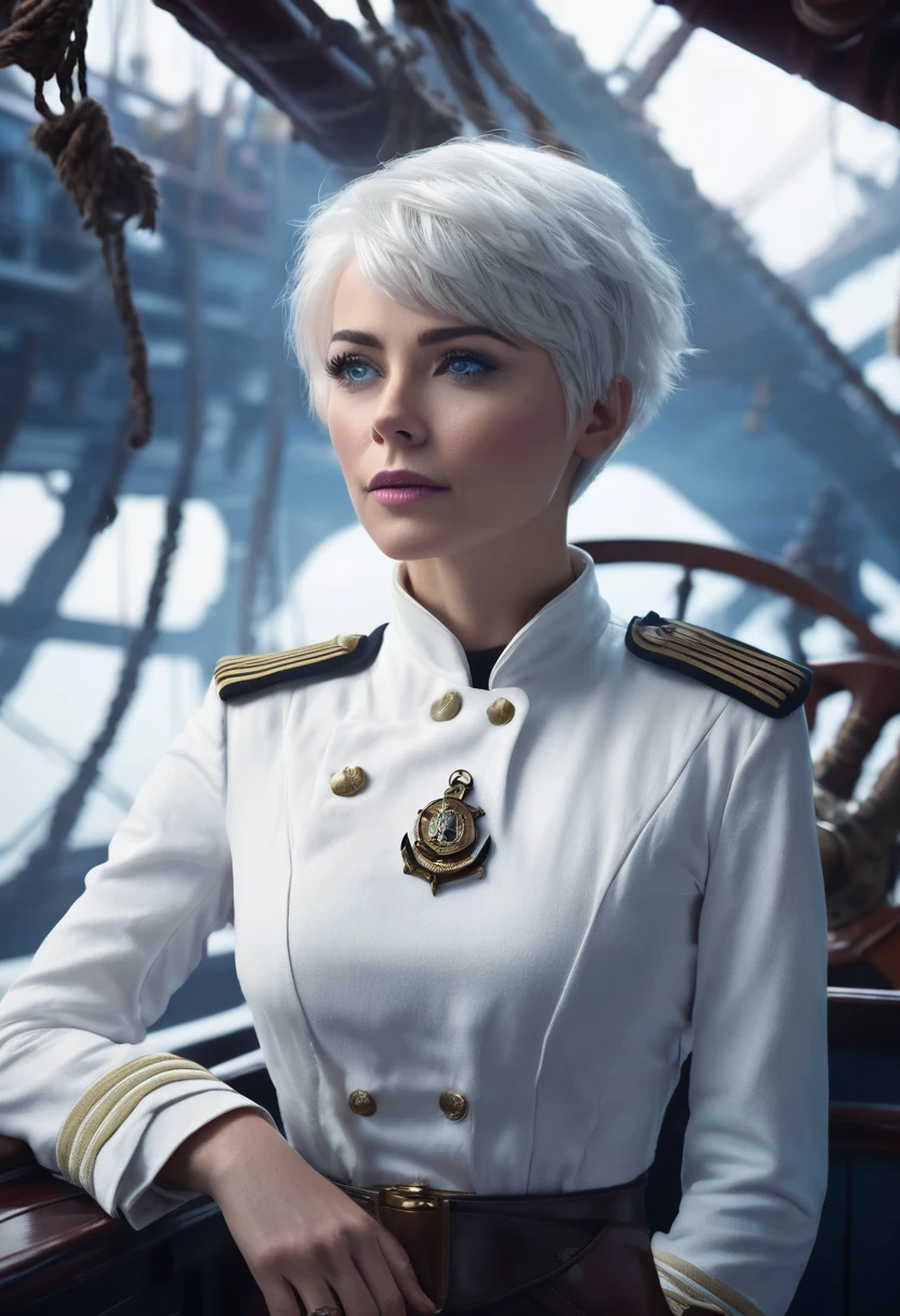 1 woman, wearing a white ship captain outfit, inside a ship, feminine blue eyes, detailed light skin, tidy pixie cut white hair, white skin, dramatic lighting, cinematic composition, cold palette, soft expression, daytime environment , dark colors, atmospheric fog, thin chin, 35 years (best quality, 4K, 8K, high resolution, art: 1.2), ultra-detailed, (realistic, photorealistic, photorealistic: 1, 37)