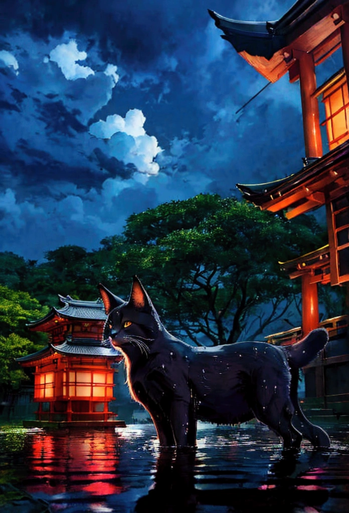 Cat in the back、black cat、huge pussy、Studio Ghibli style、Japanese style、Japan、A shrine in the background、Temple、Wet day、Highest quality、Ultra-fine、Cloudy、Show your back、Giant cat、Apparition、fox
