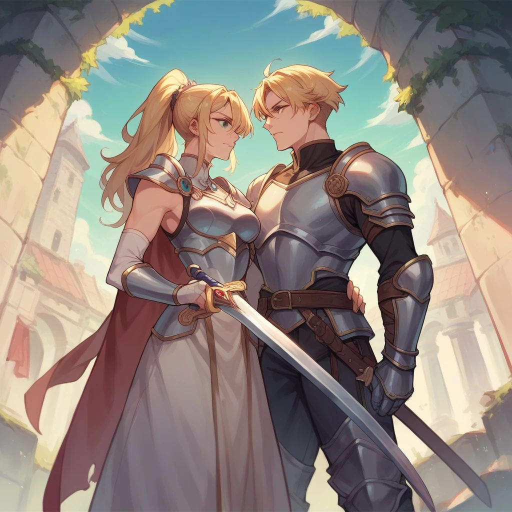 Another Eden Annabel Blonde ponytail Wearing light armor Equipped with a two-handed sword