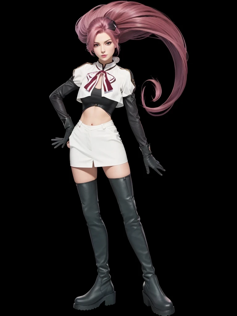 A beautiful woman, with wine color hair, with white blouse, com short branco, with black boots, with black gloves.