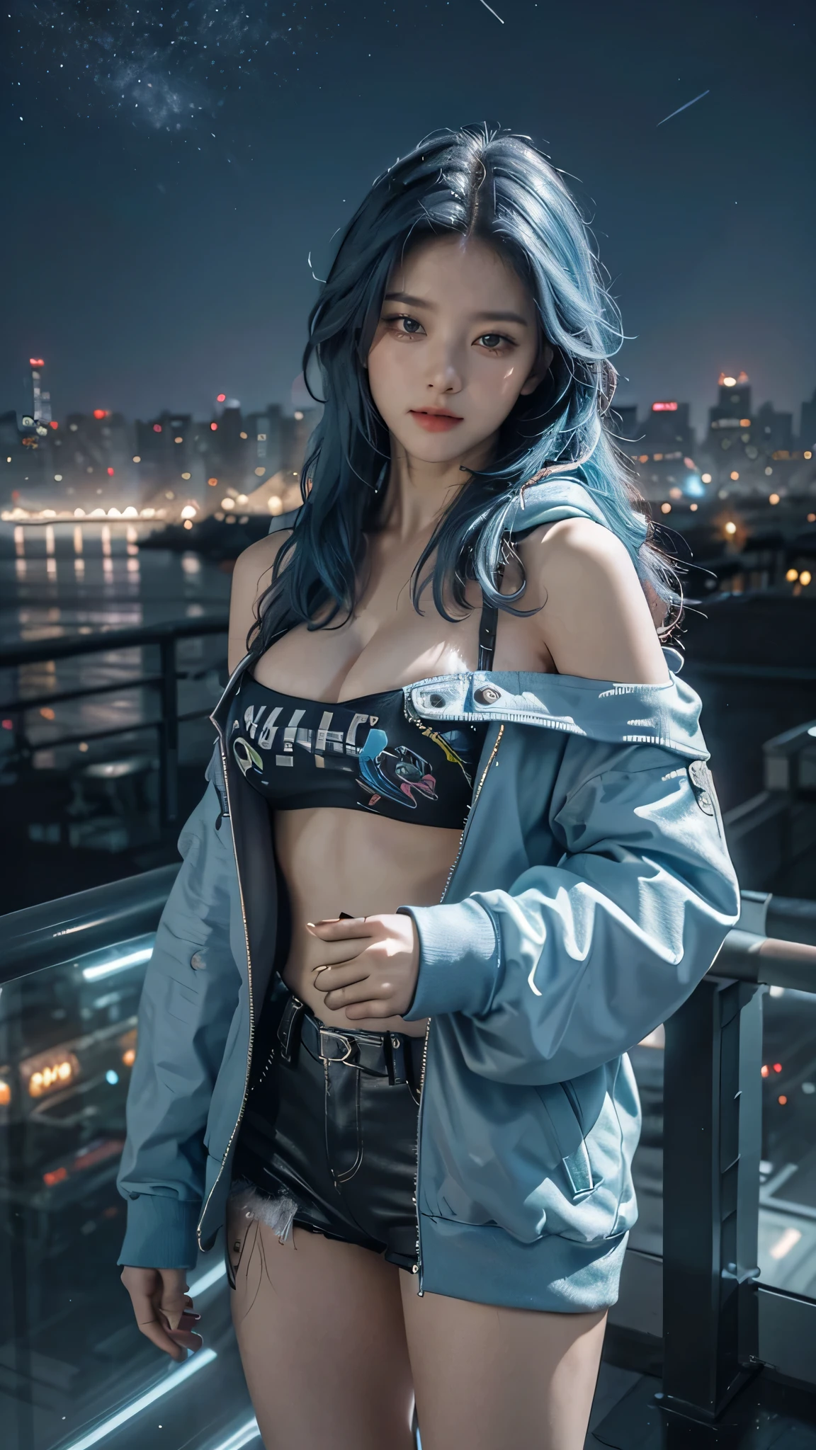 (masterpiece), best quality, ultra high res,, cyberpunk 1girl flying above stunning cityscape ,hoodie,blue hair, neon color shooting stars, very long hair, off shoulder, feather hair ornament, neon colors, flashes, stunning night sky, cinematic lighting, photorealistic, realistic skin, HDR,fisheye
