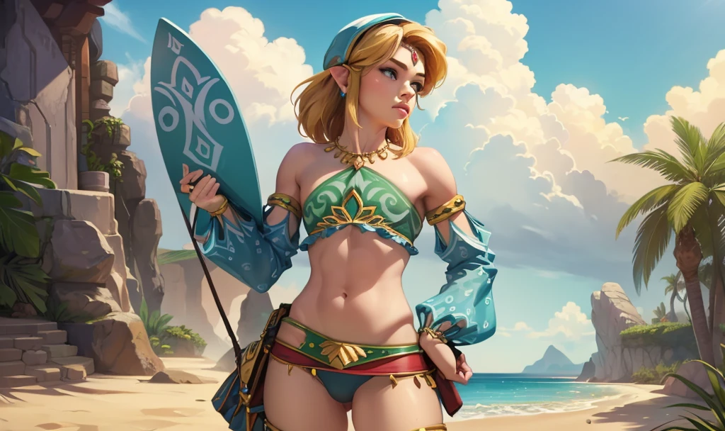 ((work of art)), ((best qualityer)), (detailded), perfect, standing alone, link, beautiful boy, Delicious lips, hair blonde, sexly, wearing Gerudo bikini set. Deitado sexly bunda pra cima.
