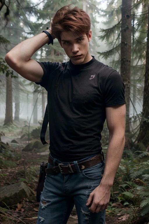 Tanner Patrick, Tanner Patrick, Teen Wolf, boy, 18 years old, short and messy red hair, thin muscular build, blue eyes, red military vest, white short-sleeved shirt, black hunter belt, black jeans, boots light brown combat, hanging crow, red fingerless gloves forest background with fog