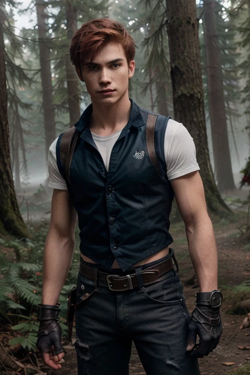 Tanner Patrick, Tanner Patrick, Teen Wolf, boy, 18 years old, short and messy red hair, thin muscular build, blue eyes, red military vest, white short-sleeved shirt, black hunter belt, black jeans, boots light brown combat, hanging crow, red fingerless gloves forest background with fog