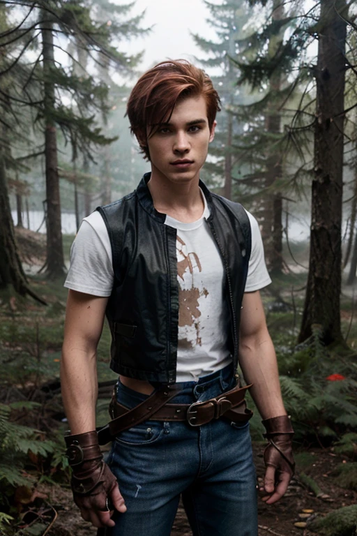 Tanner Patrick, Tanner Patrick, Teen Wolf, boy, 18 years old, short and messy red hair, thin muscular build, blue eyes, red military vest, white short-sleeved shirt, black hunter belt, black jeans, boots light brown combat, hanging crow, red fingerless gloves forest background with fog