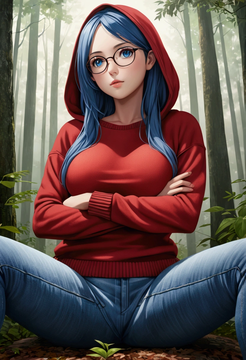 Photorealistic, (close up:1.3), low angle, (seen from below), a japanese young woman with hood, (long sleeve (red sweater:1.2), oversized jeans), a hyperrealistic beautiful young girls with grayish blue eyes in glasses, natural sagging breast, high detailed official artwork, beautiful girls with slim fit body and busty posture, long legs, attractive young woman, (atractive poses:1.3, crossed arm hold on the breast), at bench in the (natural foggy forest:1.2), natural background, dubnitskiy david fanart, realistic portrait, smooth photorealistic, perfect visual of a cute girls, cute girls with skinice soft face, face focus, makoto shinkai and artgerm, photon mapping, natural light, warm color tones, vivid colors, cool ambient, foggy atmosphere, without pants, sitting on the ground with legs spread open, naked, showing private part, without underwear, legs spread upwards,