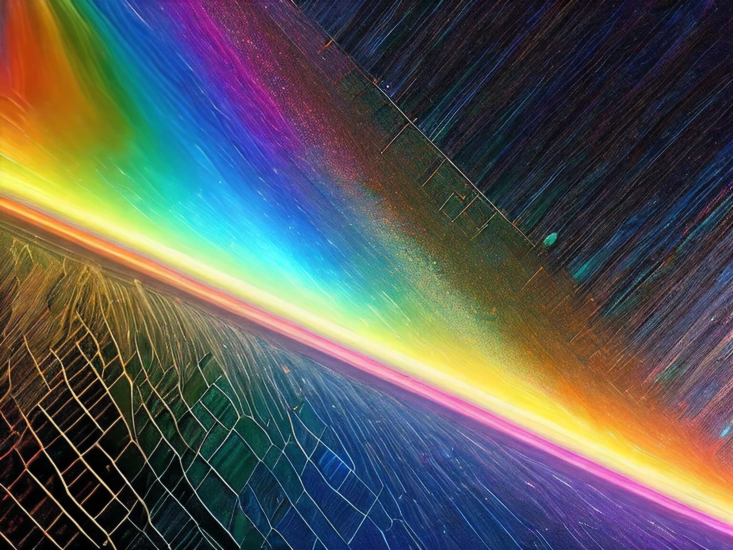 Net-like matrix of elongated polyeder whose edges shimmer in all the colors of the rainbow. This matrix is the basis of everything we create. This matrix is in the universe.