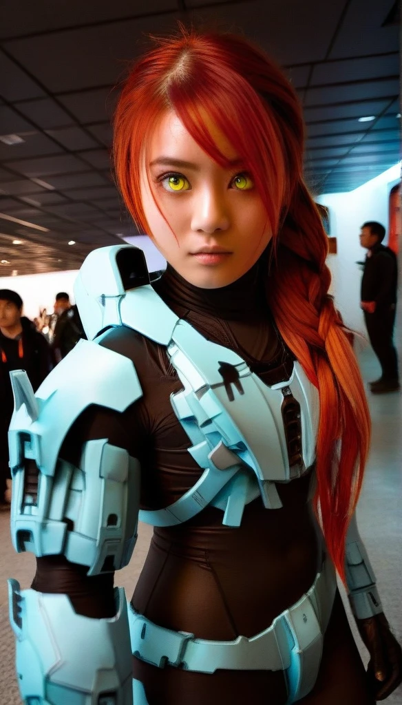 1 Girl、((glowing eyes, red eyes)), Medium Bust、solo、red Hair、Braid、Mobile Race Suit、Shoulder Armor、ceiling、Wide Shot、Looking Ahead、zipup suit 、Closed Mouth、Highest quality、medium quality、22 years old、Mobile Trace System、cockpit、Asian、CyborgCosplay
