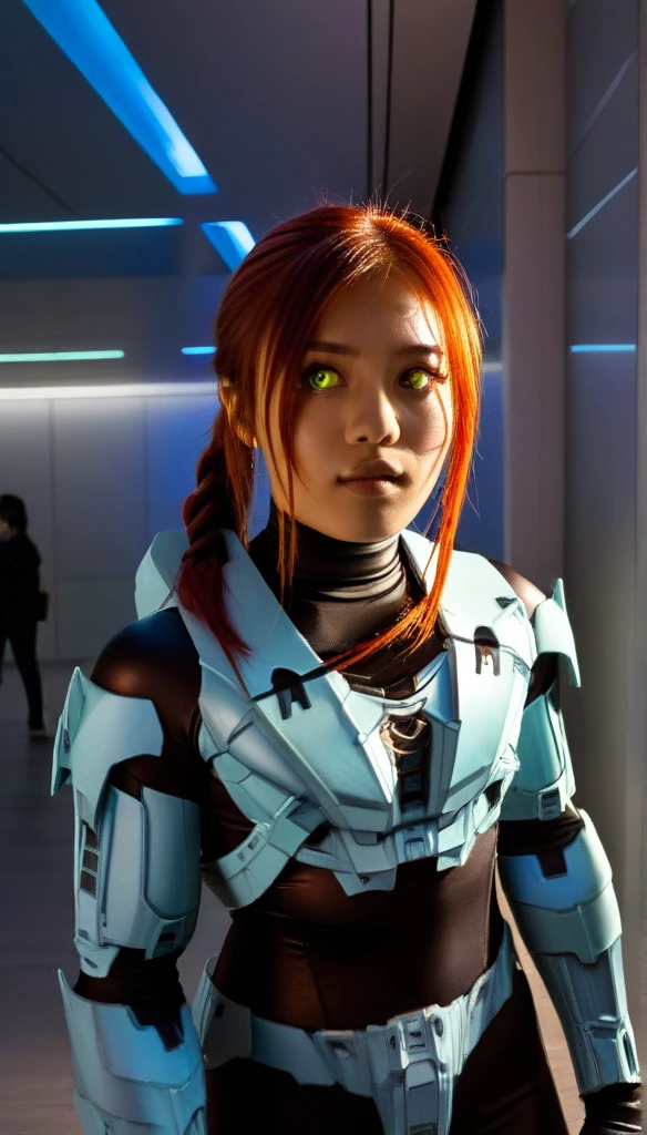1 Girl、((glowing eyes, red eyes)), Medium Bust、solo、red Hair、Braid、Mobile Race Suit、Shoulder Armor、ceiling、Wide Shot、Looking Ahead、zipup suit 、Closed Mouth、Highest quality、medium quality、22 years old、Mobile Trace System、cockpit、Asian、CyborgCosplay