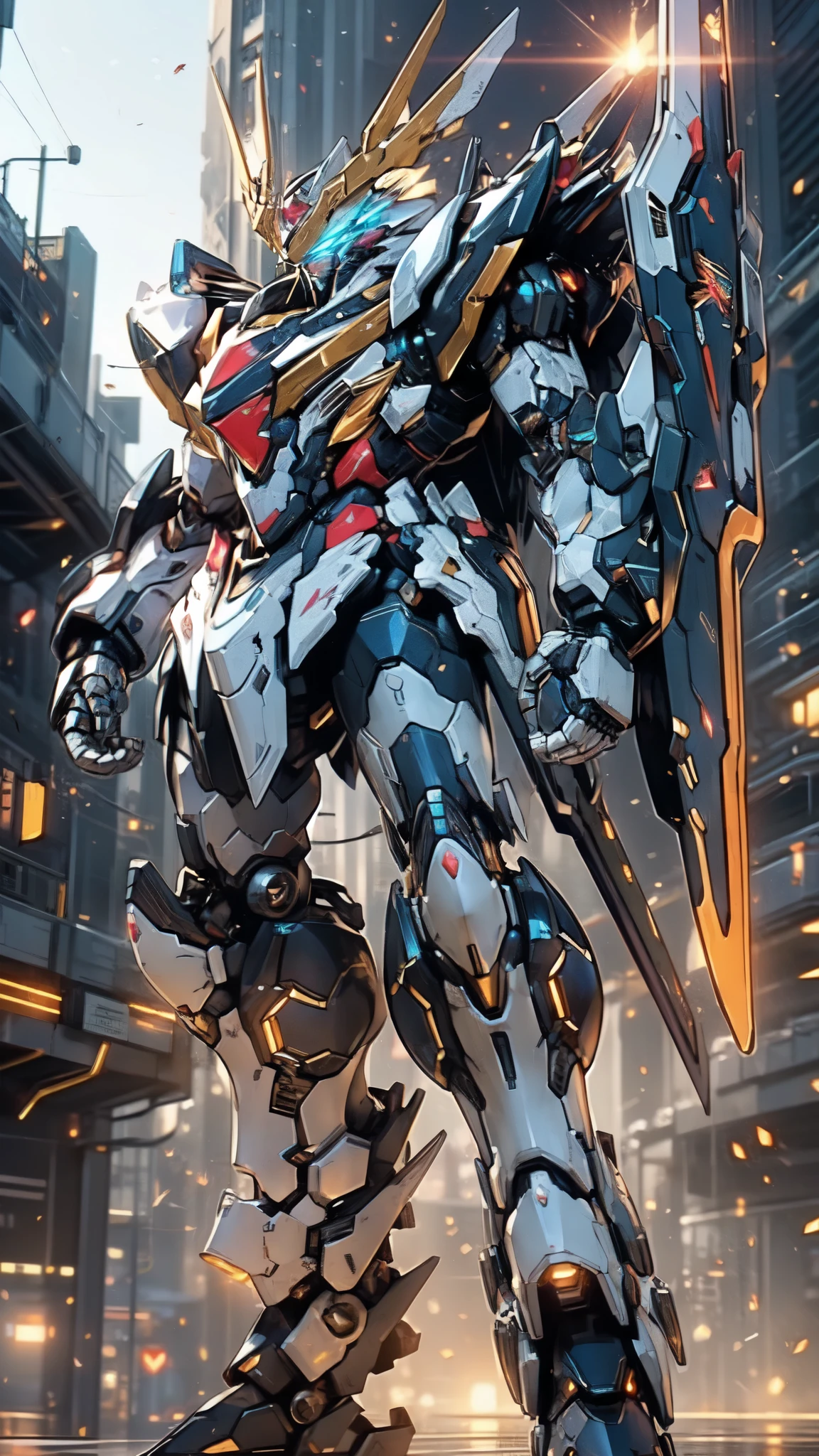 (masterpiece:1.5, best quality:1.5, extremely delicate:1.5), humanoid Mecha, fully enclosed shoulder guards, matching arm and leg guards, full body, full armor, the design balances heavy with agility, (the color scheme is primarily white with red and blue accents, the concept Inspired by Super robot, organic biotech armor, standing, floating high above the futuristic sci-fi city), exquisite and mature art style, (aura effect, energy, glowing eyes, the armor glows), ((SRS)), metallic, dramatic, high definition, highres, ultra-detailed, ultra-fine painting, professional, perfect body proportions, anatomically correct, symmetrical face, extremely detailed eyes and face, high quality eyes, creativity, RAW photo, UHD, 32k, Natural light, cinematic lighting, masterpiece-anatomy-perfect