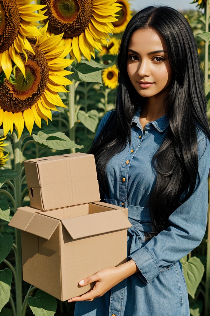 Sunflowers background long black hair woman with slim light skin capul and small waist with box in her hands