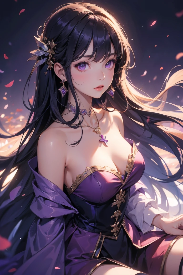 Off-shoulder dress, best quality, high resolution, 1 girl, Super high resolution, Solitary, stocking, Purple Eyes, , Long hair, Bangs,necklace