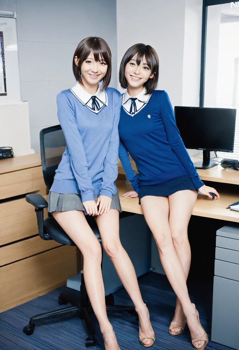 2 girls, office, (standing:1.1), 22-year-old, (Small breasts:1.3),(skinny:1.2),(short sleeve blue sweater:1.2),AKB48,nogizaka46,smile,beautiful girl,highest quality,High resolution,be familiar with,perfect anatomy,beautiful and fine eyes,office Chair,office Desk,laptop,bob cut,(smile:1.2),(open legs:1.3),(fullnude:1.8),(show pussy:1.6),(cowboyshot:1.2),