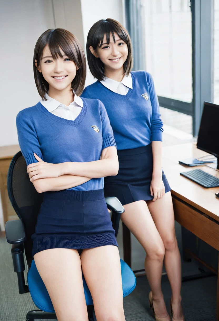 2 girls, office, (standing:1.1), 22-year-old, (Small breasts:1.3),(skinny:1.2),(short sleeve blue sweater:1.2),AKB48,nogizaka46,smile,beautiful girl,highest quality,High resolution,be familiar with,perfect anatomy,beautiful and fine eyes,office Chair,office Desk,laptop,bob cut,(smile:1.2),(open legs:1.3),(fullnude:1.8),(show pussy:1.6),(cowboyshot:1.2),