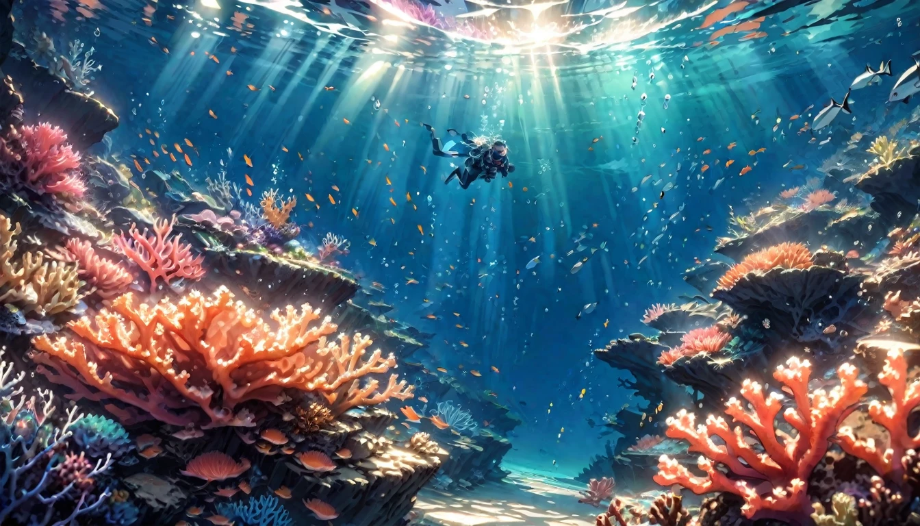  anime aestetics, anime scenery. underwater view. seascape, coral reef, view from above, huge light orange corals, purple corals, green corals at the backgroud, reef fish, depth of field, sparkle, ray tracing, reflection light, drop shadow, from above, wide shot, atmospheric perspective, perspective, highres, 8k, best quality, award winning, super detail, masterpiece