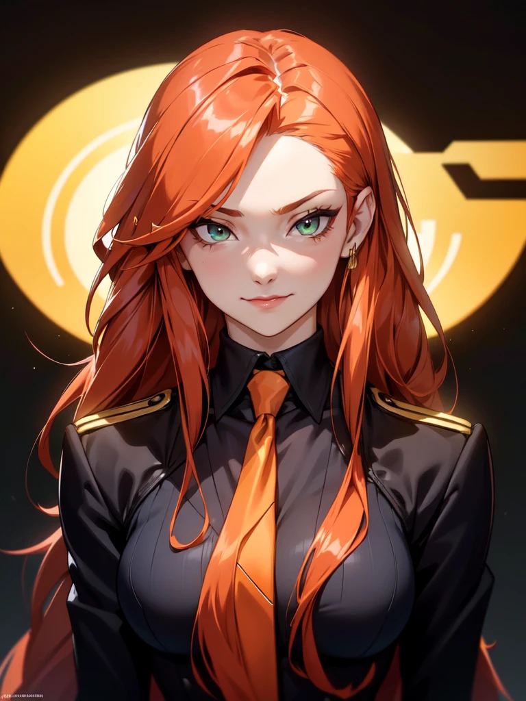 (((Portrait Photo))), She has a Vibrant and Energetic Appearance of a 17-Year-Old, with a Confident and Lively Demeanor. Her Long, Flowing Orange Hair, Styled in Loose Layers, Cascades Down Her Back, Catching the Light with Its Brilliant Hue. Her Striking Green Eyes, Filled with a Playful and Mischievous Glint, Stand Out against Her Fair Skin, Adding to Her Captivating Presence. She is Dressed in a Sleek, Dark Cropped Jacket that Highlights Her Athletic Build, Paired with a Form-fitting Top and a Stylish Necktie Adorned with a Unique Pattern. Her Expression is Confident and Inviting, with a Subtle Smirk that Hints at Her Spirited Personality. (((High Quality, Dark Background))), (((Portrait Photo)))