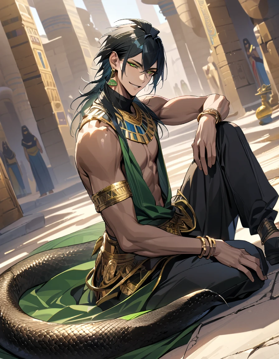 masterpiece, highres, absurdres, illustration, ((masterpiece:1.4, best quality)), (Ultra detailed background), 1boy, handsome man, highly detailed beautiful face and eyes, beautiful eyes, (sharp detail:1.3), shiny, earrings , bracelet, (bare torso:1.3), 1boy, sitting on floor, dynamic angle, full body, brown skin, black, gold, green, long hair, black hair, voluminous hair, bishounen, boy, male, yana Toboso style, long hair, black hair, green eyes, smile, handsome, muscular, tall, egypt, egyptian style, green clothing, soft fabric, snake, snake tail, without shirt
