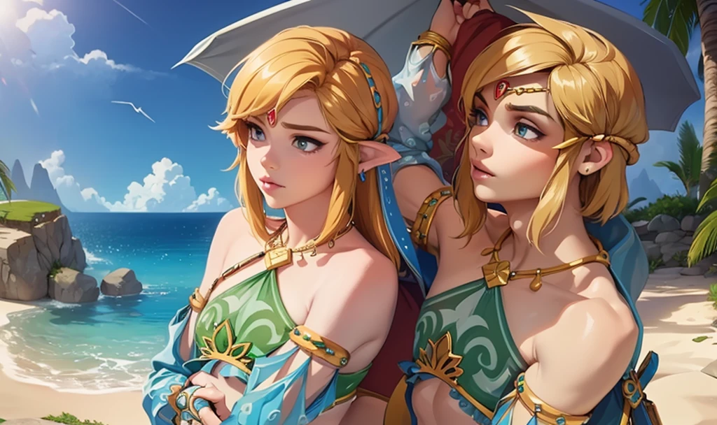 ((work of art)), ((best qualityer)), (detailded), perfect, standing alone, link, beautiful boy, Delicious lips, hair blonde, sexly, wearing Gerudo bikini set. Deitado sexly bunda pra cima.