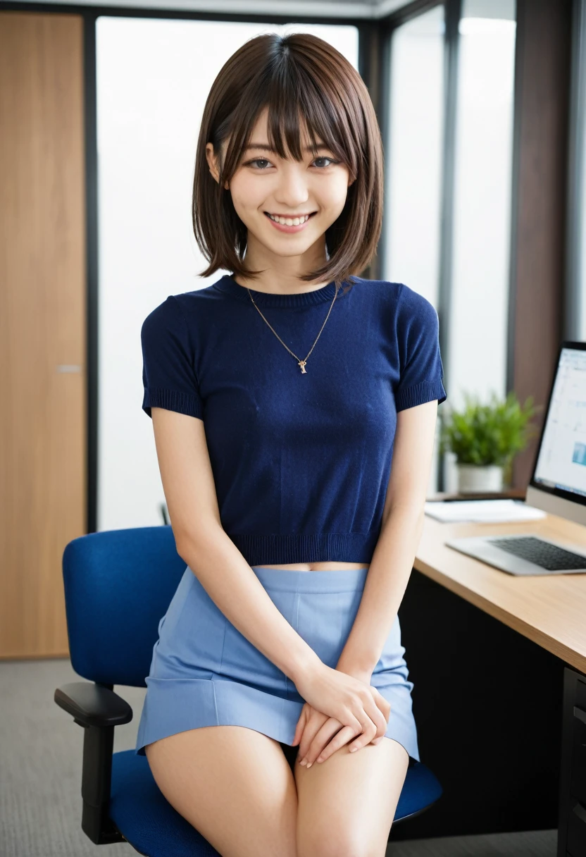 2 girls, office, (standing:1.1), 22-year-old, (Small breasts:1.3),(skinny:1.2),(short sleeve blue sweater:1.2),AKB48,nogizaka46,smile,beautiful girl,highest quality,High resolution,be familiar with,perfect anatomy,beautiful and fine eyes,office Chair,office Desk,laptop,bob cut,(smile:1.2),(open legs:1.3),(fullnude:1.8),(show pussy:1.6),(cowboyshot:1.2),