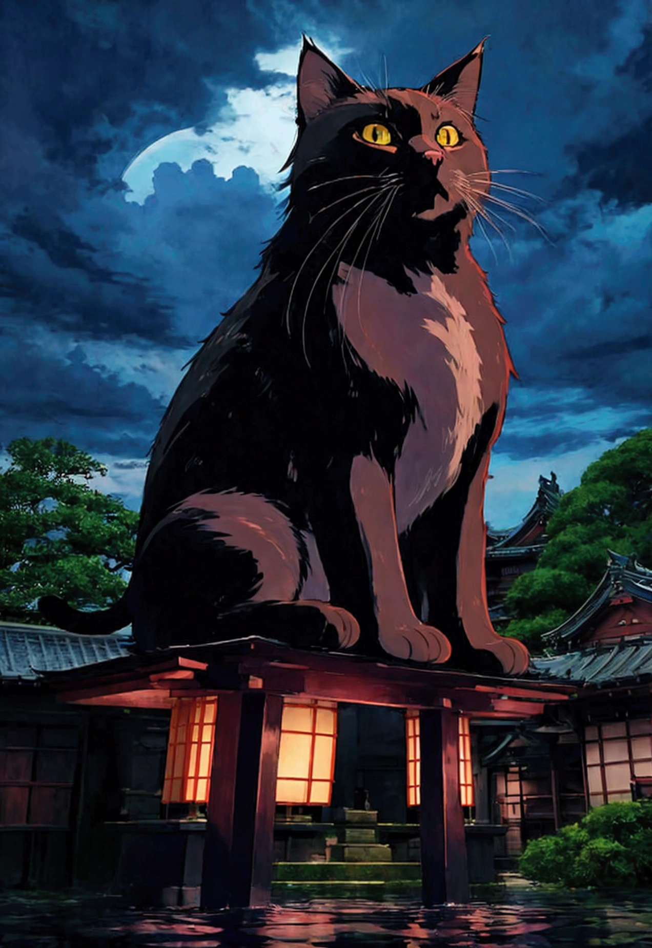 Cat in the back、black cat、huge pussy、Studio Ghibli style、Japanese style、Japan、A shrine in the background、Temple、Wet day、Highest quality、Ultra-fine、Cloudy、anime、Show your back、Giant cat