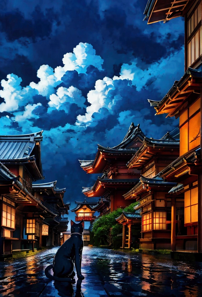 Cat in the back、black cat、huge pussy、Studio Ghibli style、Japanese style、Japan、A shrine in the background、Temple、Wet day、Highest quality、Ultra-fine、Cloudy、anime、Show your back、Giant cat