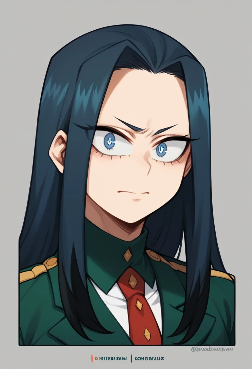 Create a My Hero Academia-style girl, with straight navy blue hair with black highlights, grayish blue eyes, with a gray, green uniform and a red UA tie, alpha eyes, long hair, somewhat serious expression. 