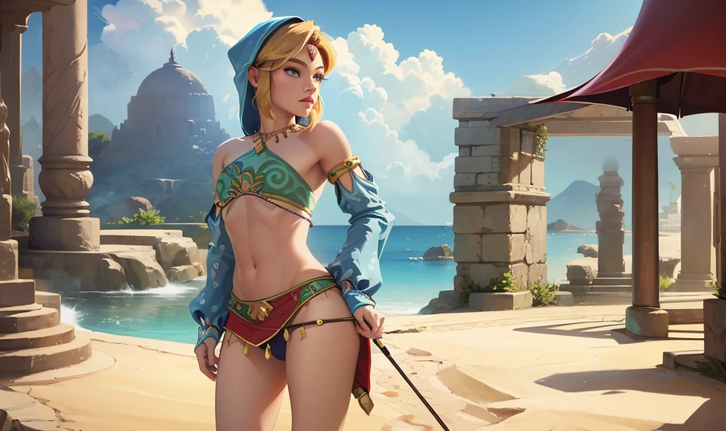 ((work of art)), ((best qualityer)), (detailded), perfect, standing alone, link, beautiful boy, Delicious lips, hair blonde, sexly, wearing Gerudo bikini set. on his back looking back.
