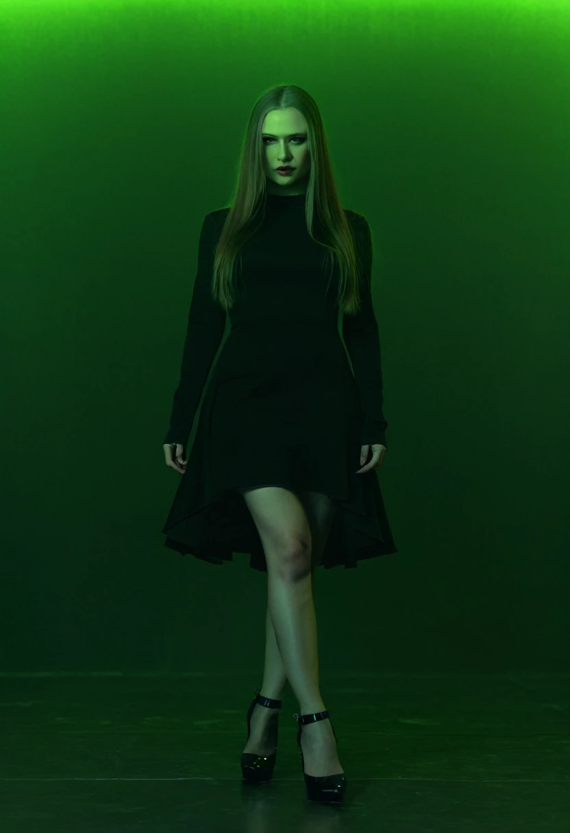 black dress, dress, 1girl, solo, masterpiece, upper body, A beautiful evil slavic woman, pale skin, long hair, full body, cinematic, high quality, realistic, simple background), (black high heels:0.7), (black high heels:0.7), highres, intricate detail, cinematic lighting, amazing quality, amazing shading, soft lighting, indoors, neon noir, green neon, green reflections